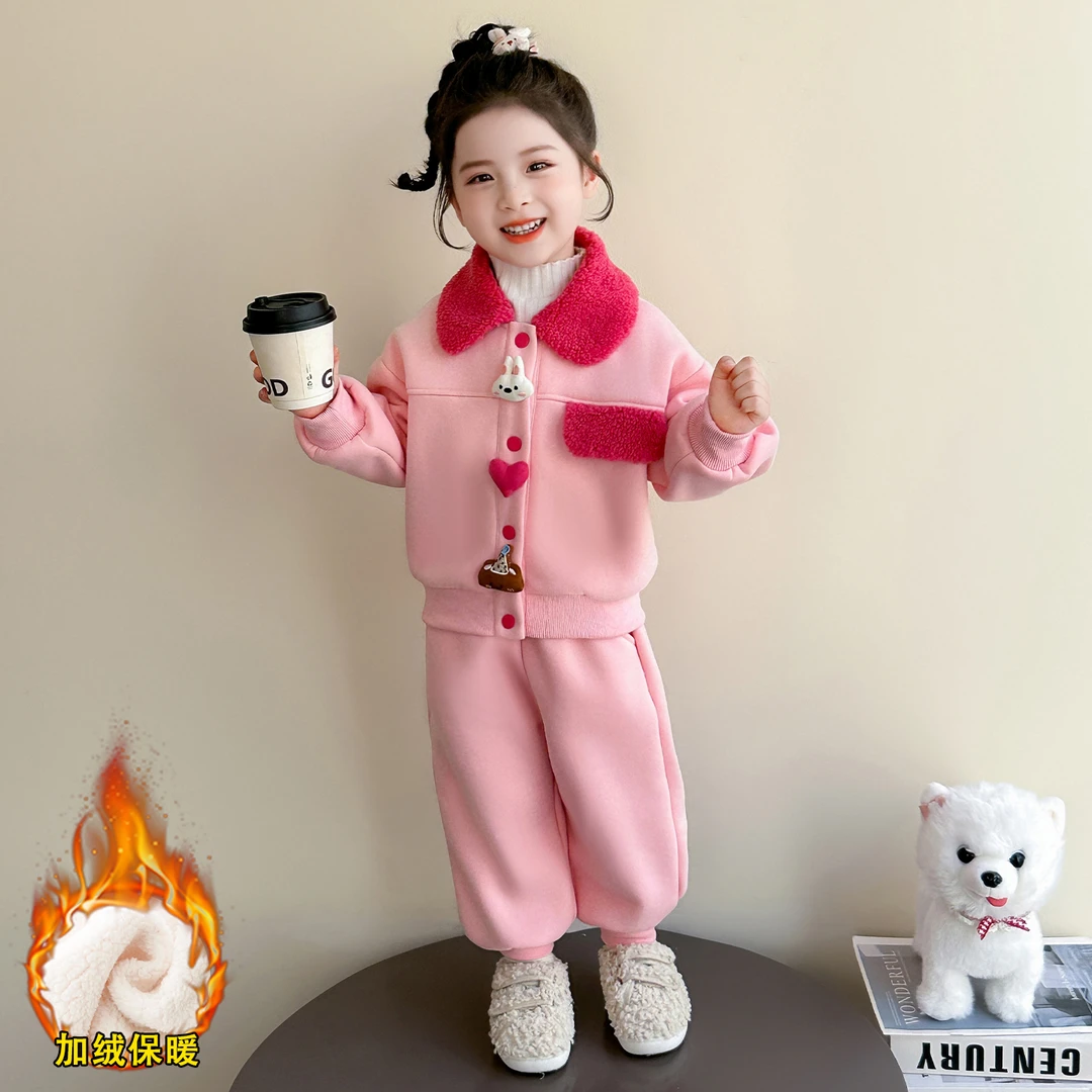 韩版女童洋气毛毛翻领加绒套装2025新款儿童冬装女宝宝时尚两件套