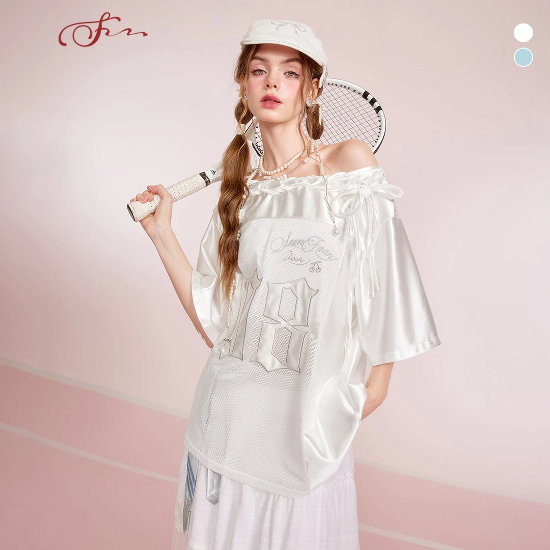 SEENFAAN盛放2025年夏季新款贴布绣花宽松露肩设计感T恤女甜休闲