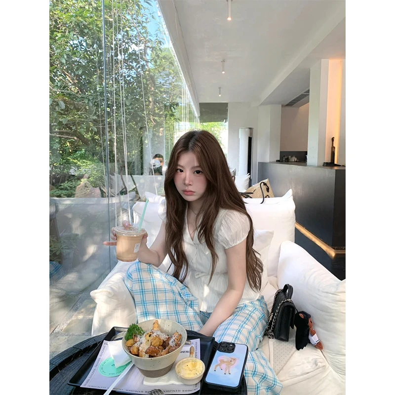 女生韩系ins衣服夏季气质双层领收腰显瘦短袖衬衫蓝色格子阔腿裤