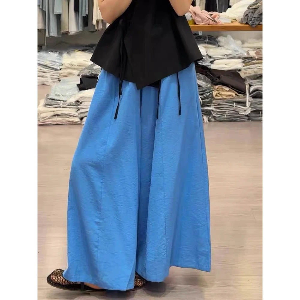 版型不挑人~蓝色垂感阔腿裙裤2025夏季宽松遮肉高腰大摆休闲长裤