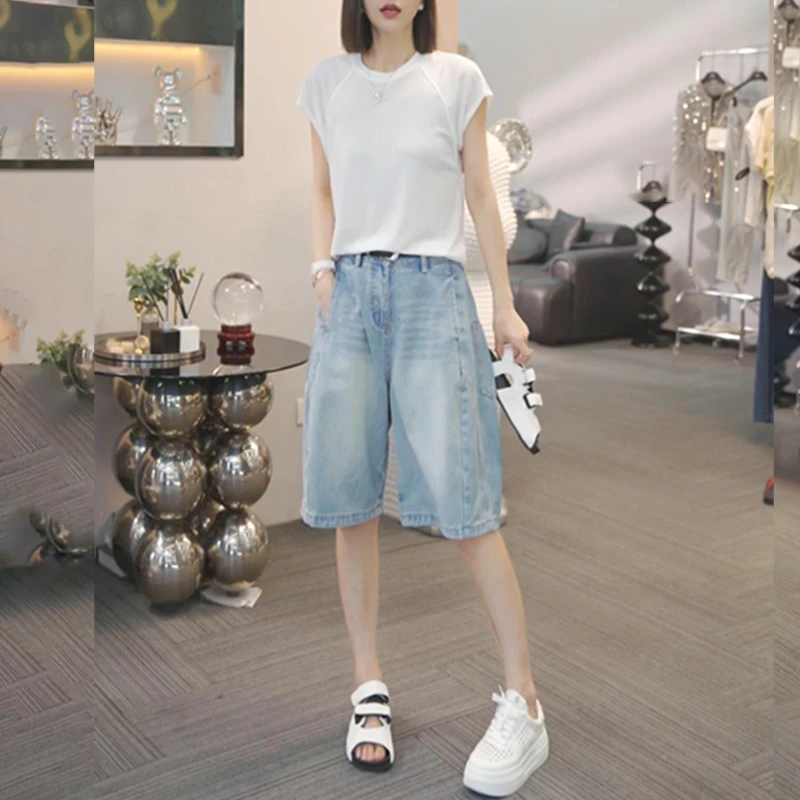 2025夏季新款显瘦纯色上衣T恤女士牛仔五分裤套装女士百搭两件套