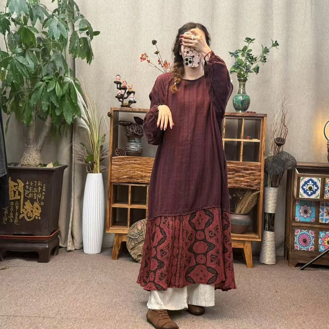 梦姐棉麻原创设计炒色做旧撞色拼接设计款袍裙（衣长115胸围126）