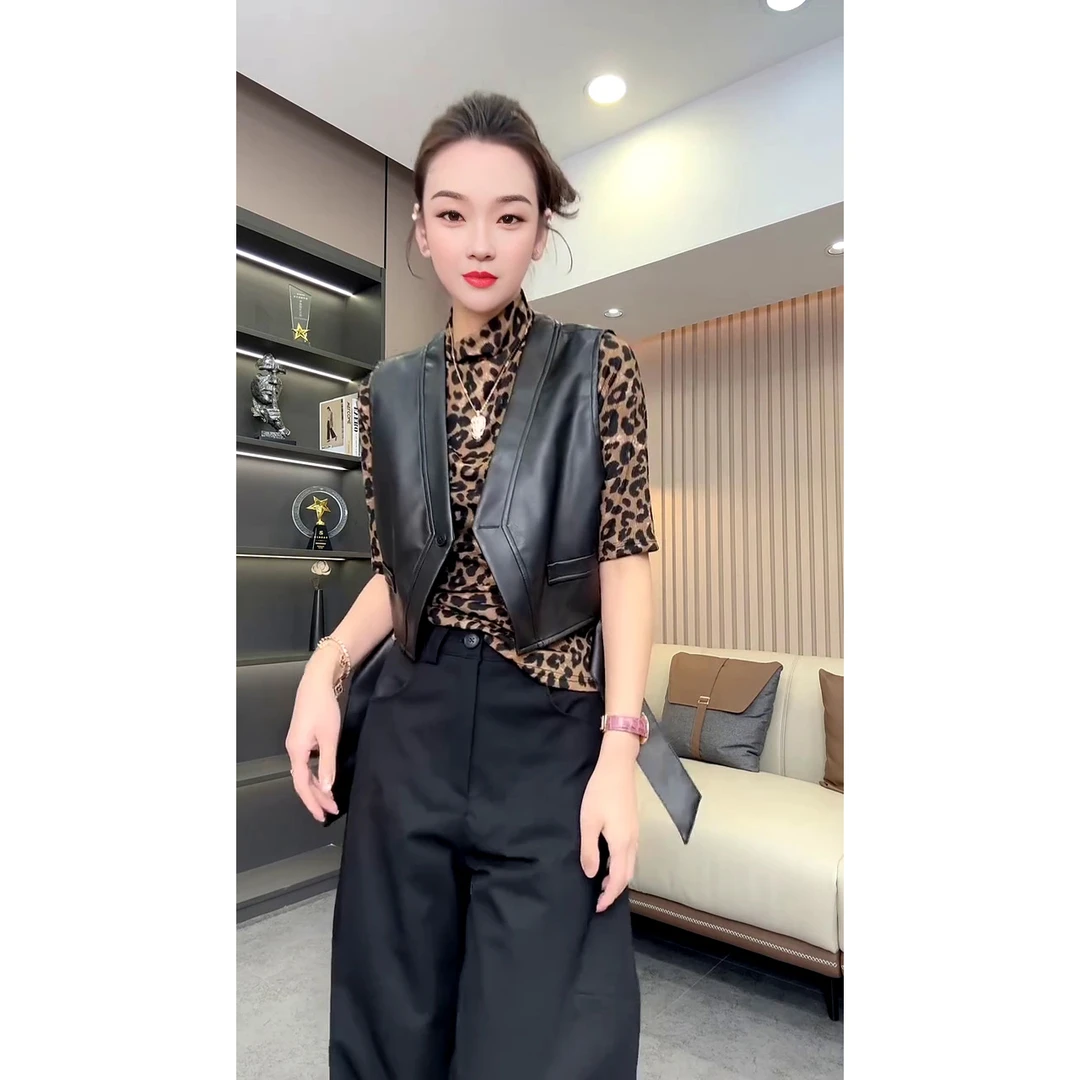 欧货秋季豹纹半高领棉质打底衫女内搭中袖上衣印花T恤修身洋气