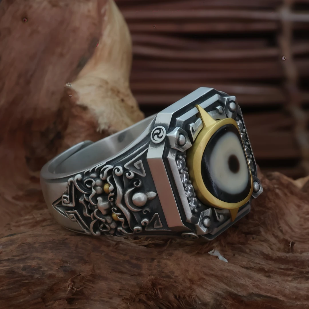 925银戒指 聚缘珠珠个性复古原创雕刻镶嵌兹巴扎活口可调节戒指