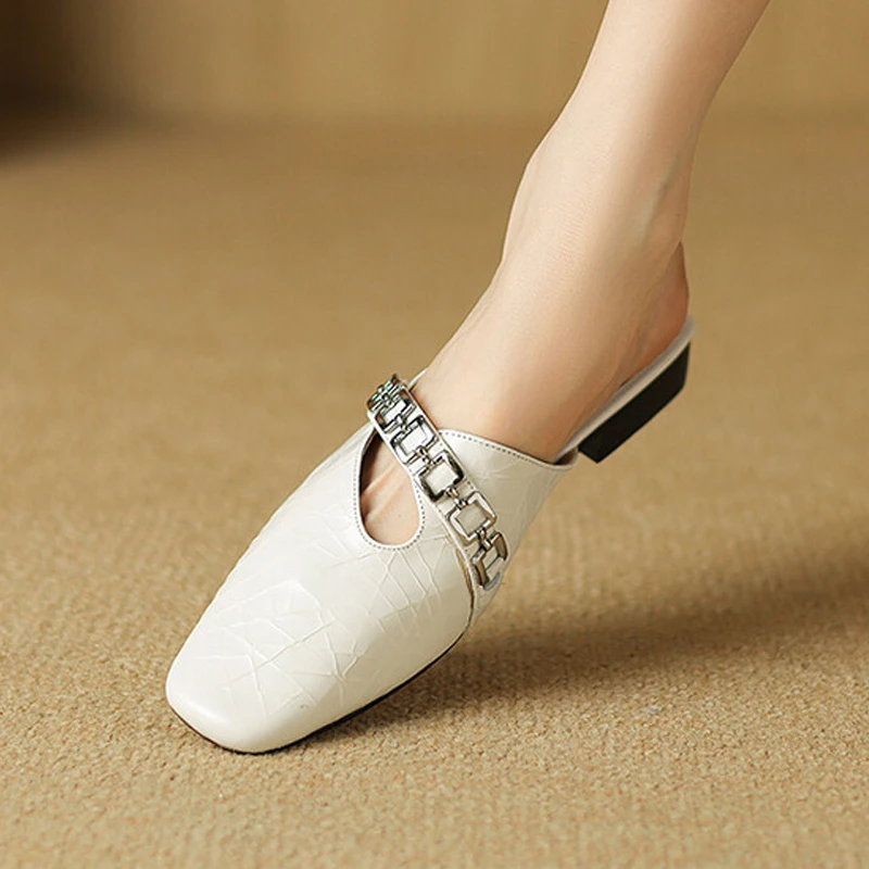 牛皮2cm金属扣外穿包头半拖鞋女一脚蹬平底舒适百搭银色方头凉拖