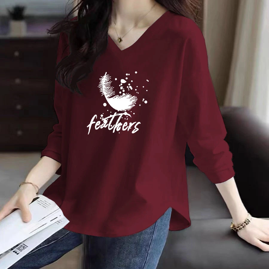 洋气印花V领春秋冬2025新款上衣女100%纯棉不规则长袖百搭打底衫