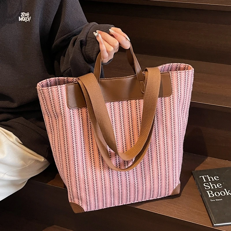 大容量条纹帆布包包女2025新款上课通勤手提袋小众百搭单肩托特包