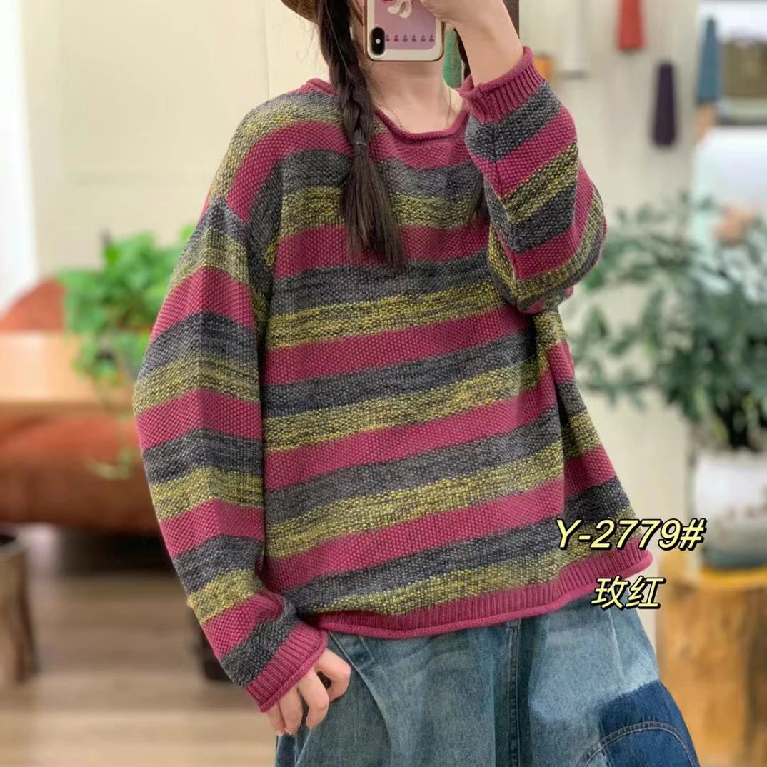 C9888秋冬半高领条纹棉线针织衫