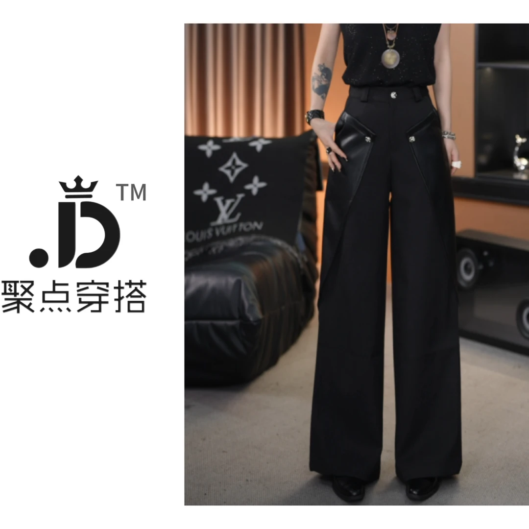 JUDIAN-个性折叠拼皮直筒阔腿牛仔裤8jd00323