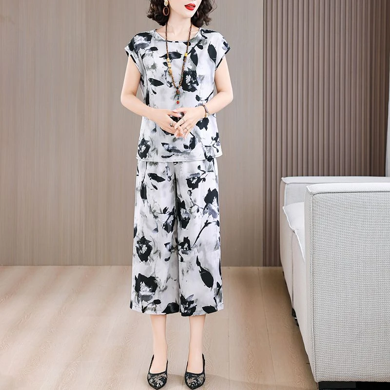 夏季棉绸套装女时尚外穿宽松洋气妈妈人造棉短袖七分阔腿裤两件套