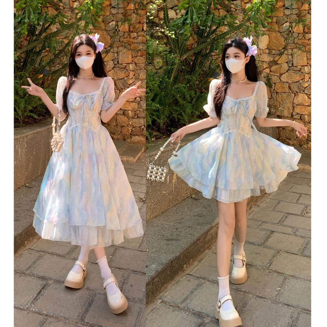 11531大码女装蓝影幻梦气质温柔风印花水波蓝连衣裙春夏