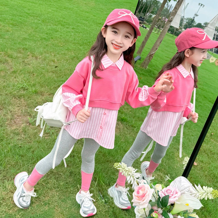 女童春秋款假两件套装2025新款儿童春季洋气女孩衬衫打底裤两件套