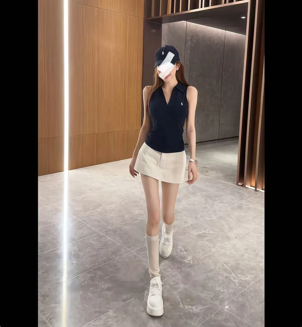 夏季时尚女气质无袖polo背心上衣+高腰显瘦包臀a字短裙裤两件套装
