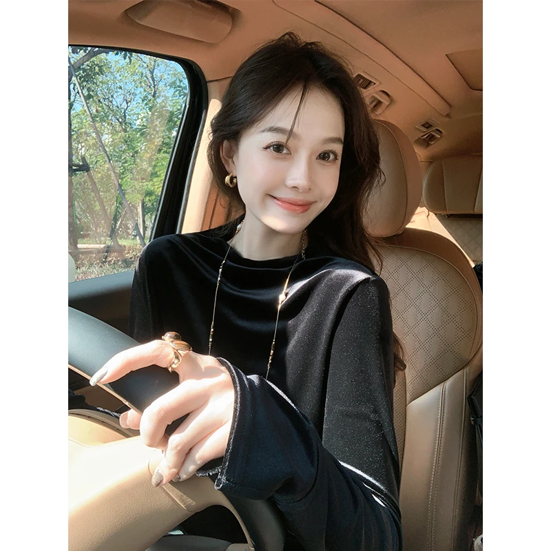 美洋MEIYANG 暮色上衣 黑丝绒_光泽优雅VTG立领拉链长袖T恤Pr