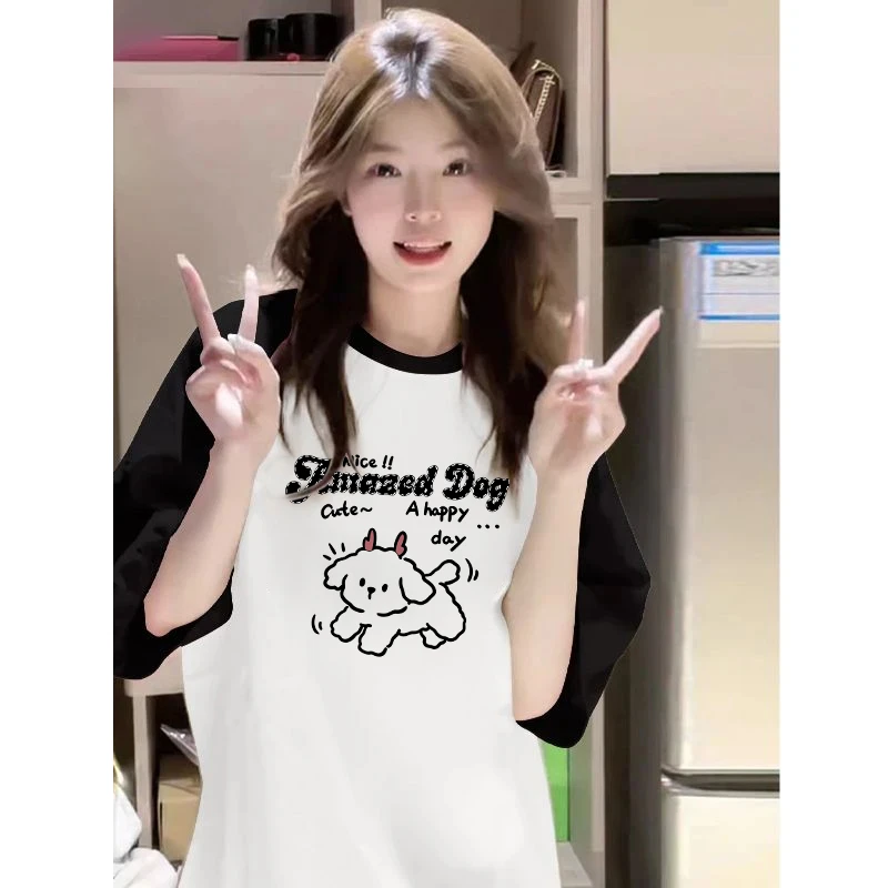 2025年夏季新款印花圆领插肩袖潮流T恤百搭设计感纯色时尚T恤