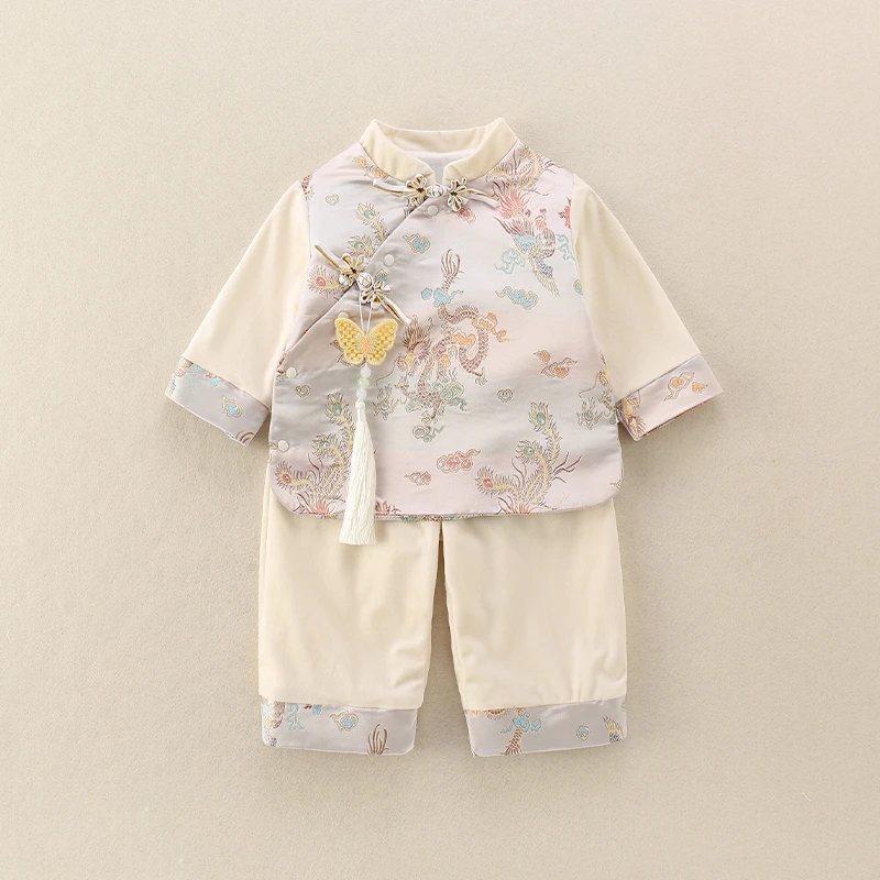 女童套装秋装宝宝中式凤凰外套百天抓周岁宴礼服婴幼儿分体两件套