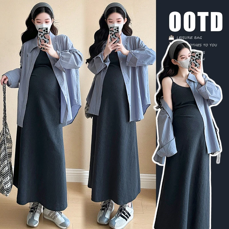 懒洋洋~大码女装时尚孕妇装早春季新品孕妇吊带连衣裙+韩版衬衣