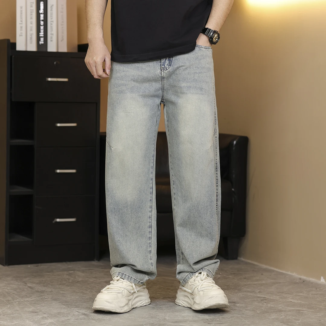 春夏男士复古牛仔裤宽松直筒百搭阔腿弯刀水洗做旧软牛仔长裤男