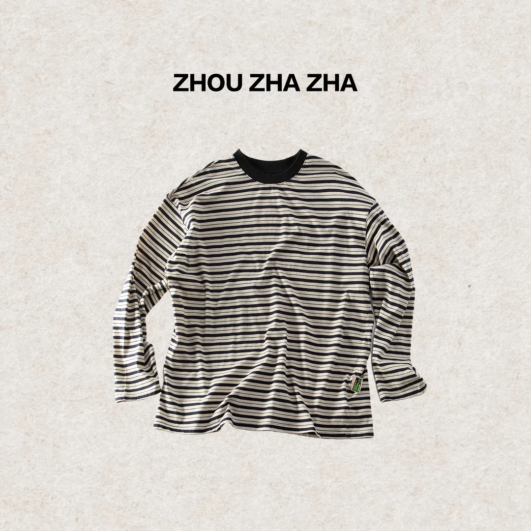 【周炸炸】25新款复古肯豆风条纹长袖t恤宽松显瘦打底衫#258712