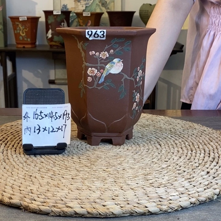 花盆紫砂  特价紫泥手绘莲花六方963