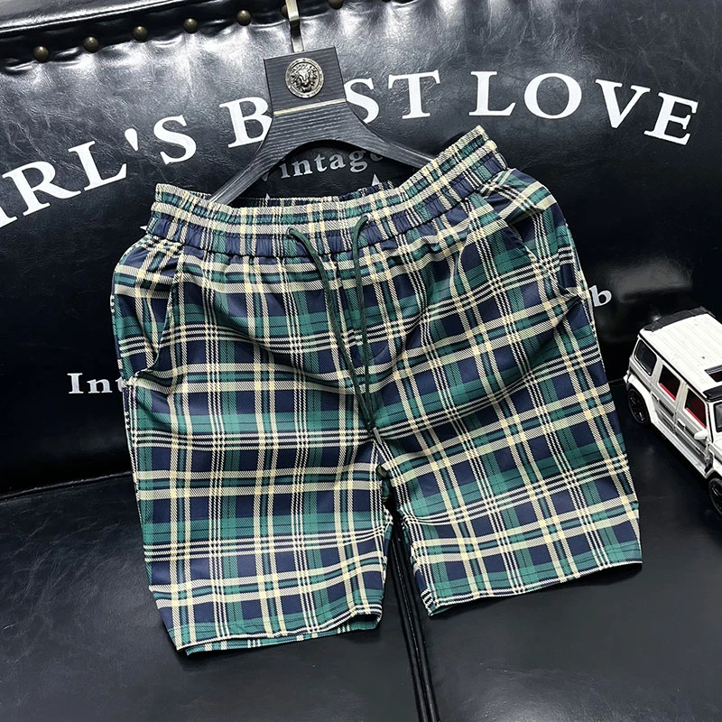 霍科比特欧洲站格纹休闲短裤男士夏季轻薄速干宽松五分沙滩中裤潮