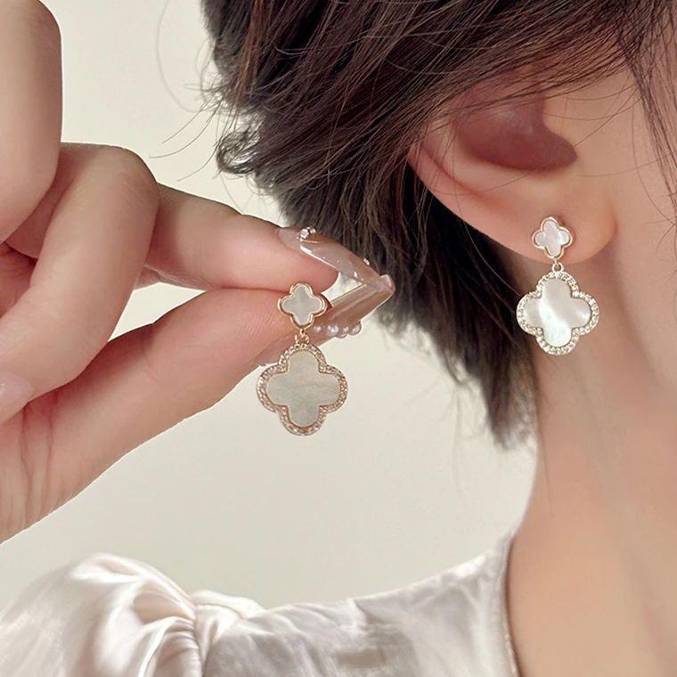 合金耳饰 玫瑰金贝壳四叶草耳坠耳环小众设计感轻奢耳钉耳饰女