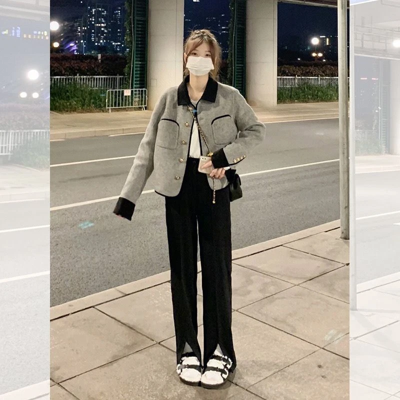 小香风短款炸街灰色外套女秋冬季复古高级设计感小众气质长袖上衣