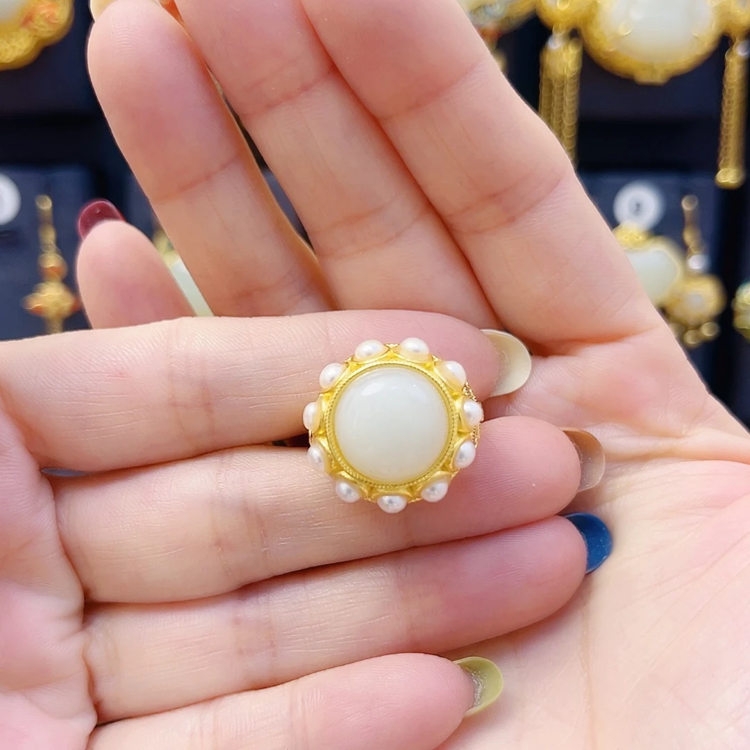 和田玉银S925镀金镶嵌戒指