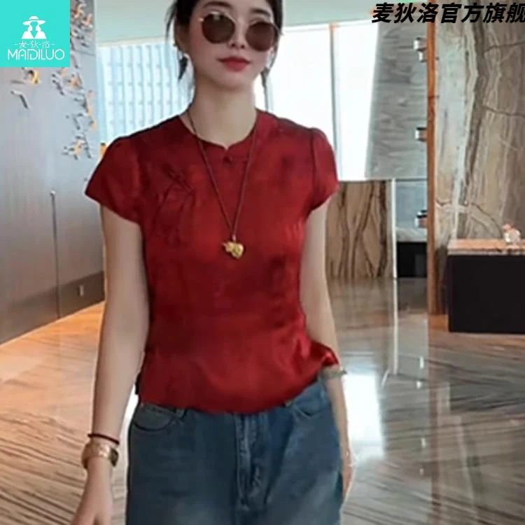 新中式国风红色斜襟短袖衬衫女装女夏季新款独特漂亮绝美盘扣上衣