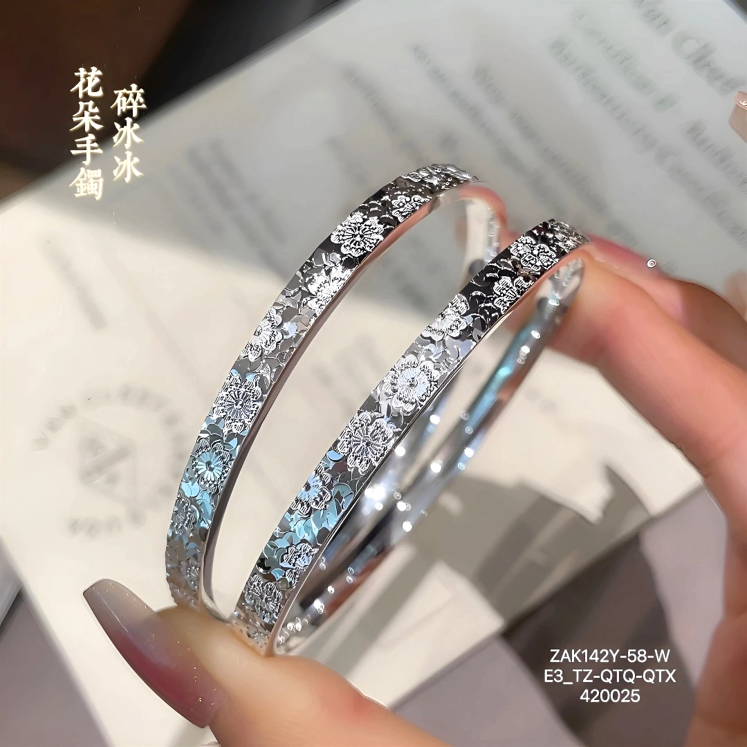 925银手镯 樱花碎冰冰手镯女闪亮时尚百搭实心镯子送女友礼物镀层