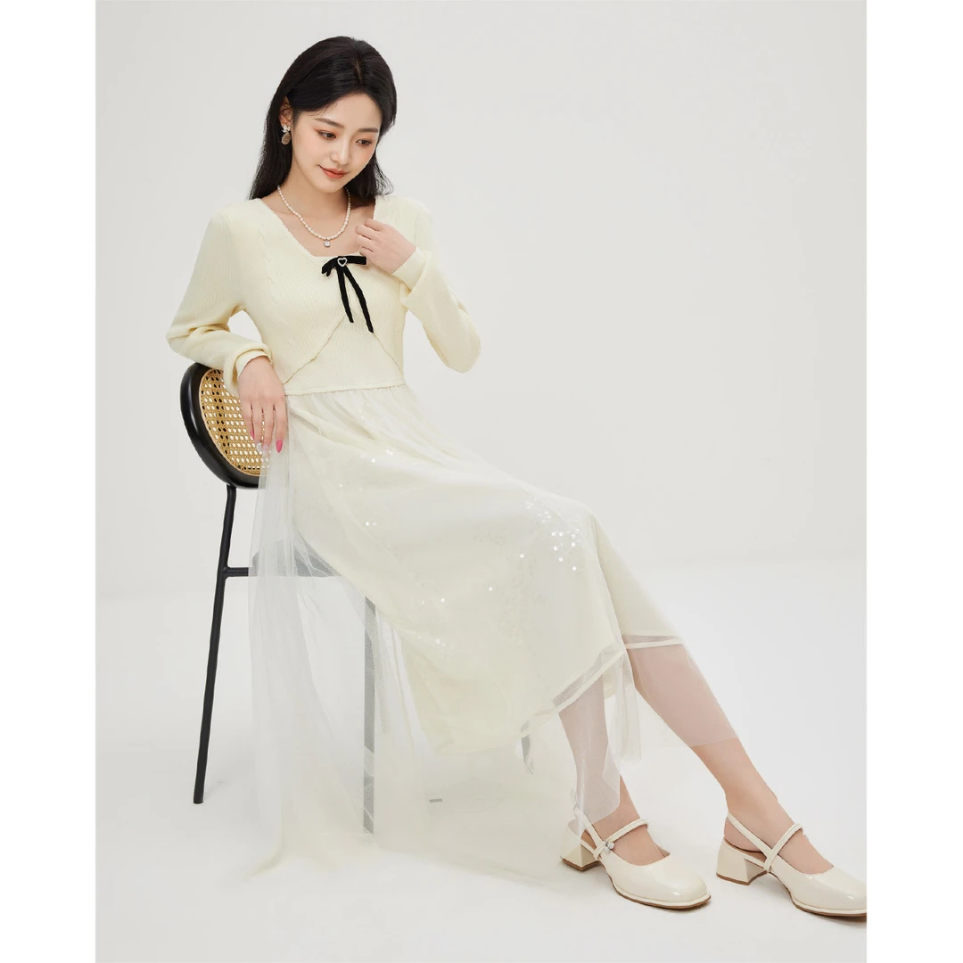 IEF/爱依服2025新款洋气春季遮肉显瘦简约高级毛织连衣长裙欧若风