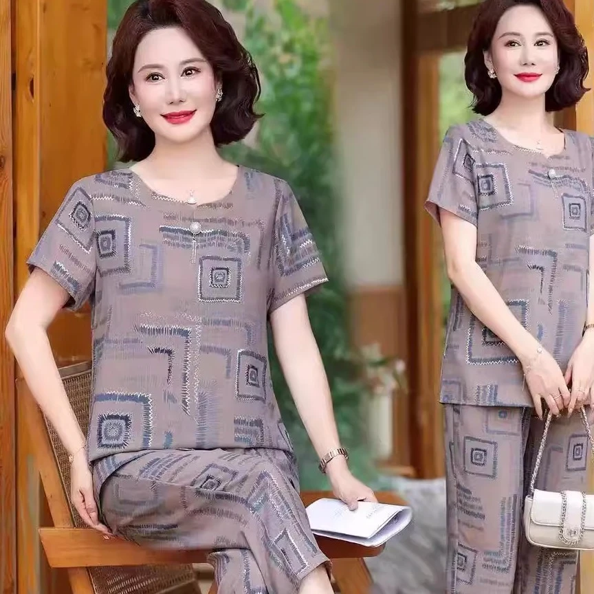 妈妈装套装中老年人夏装短袖恤奶奶两件套60岁老太太恤老人衣服