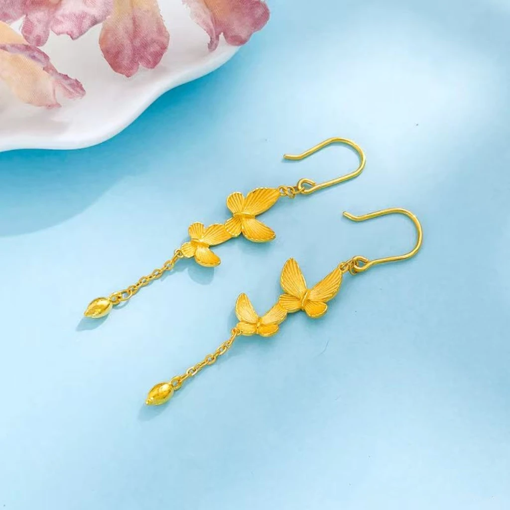 足金黄金蝴蝶流苏耳饰抖音基地质检发货