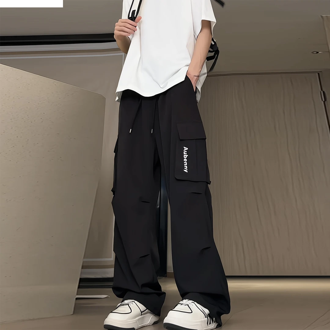 夏季透气微弹力潮薄款男士工装冰丝裤休闲长裤直筒小众拼接设计
