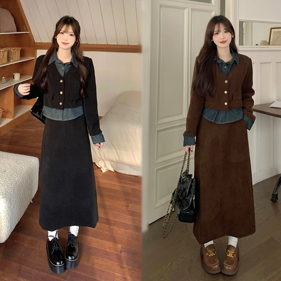 大码2025秋冬新款气质显瘦拼接牛仔假两件上衣半身裙两件套