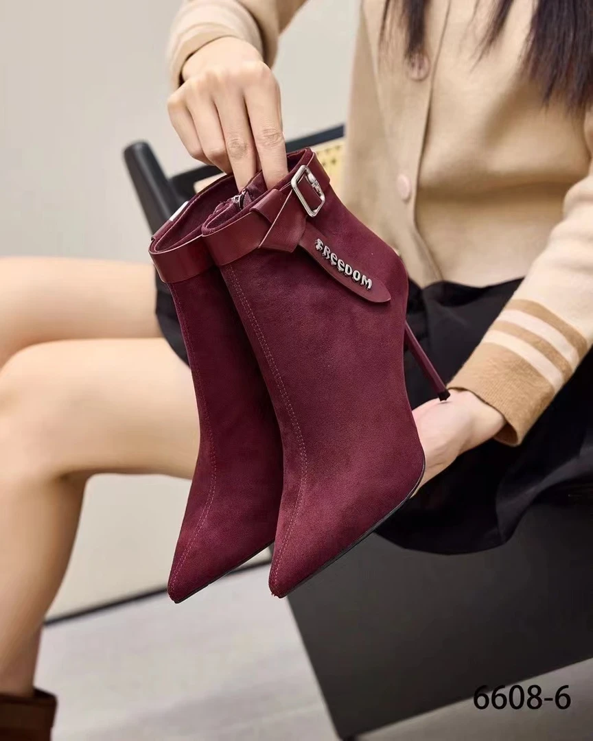 (8.5厘米）6608-6酒红色细跟高跟鞋短靴