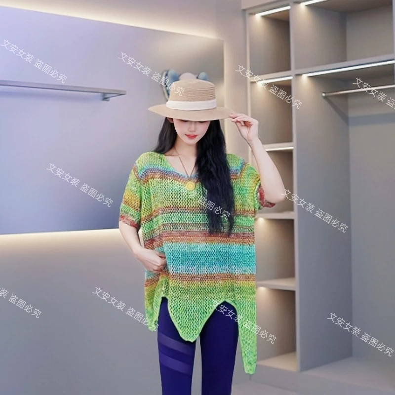夏季新款简约宽松时尚条纹款不规则罩衫针织衫61067