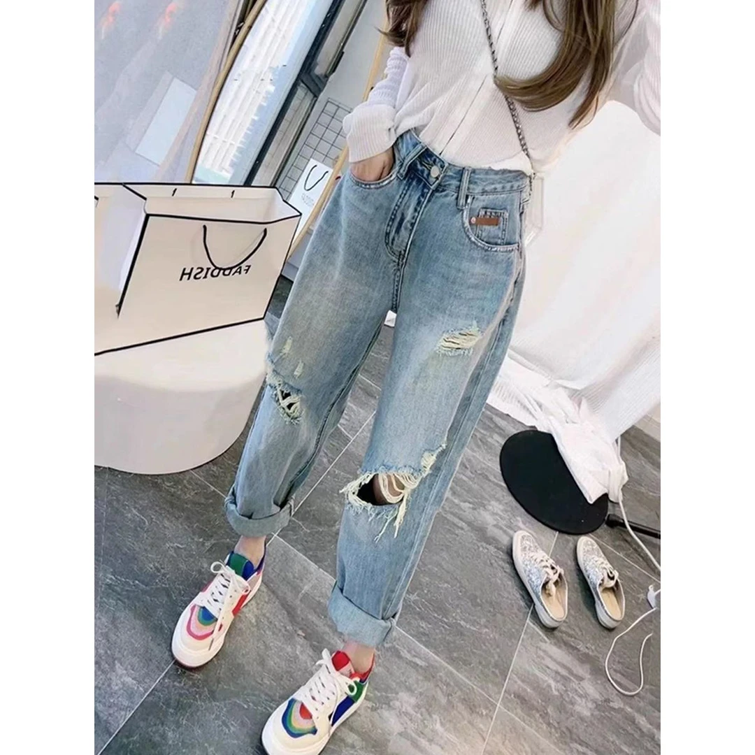 新款九分破洞牛仔裤女乞丐梨形身材裤子大码哈伦老爹裤遮胯显瘦潮