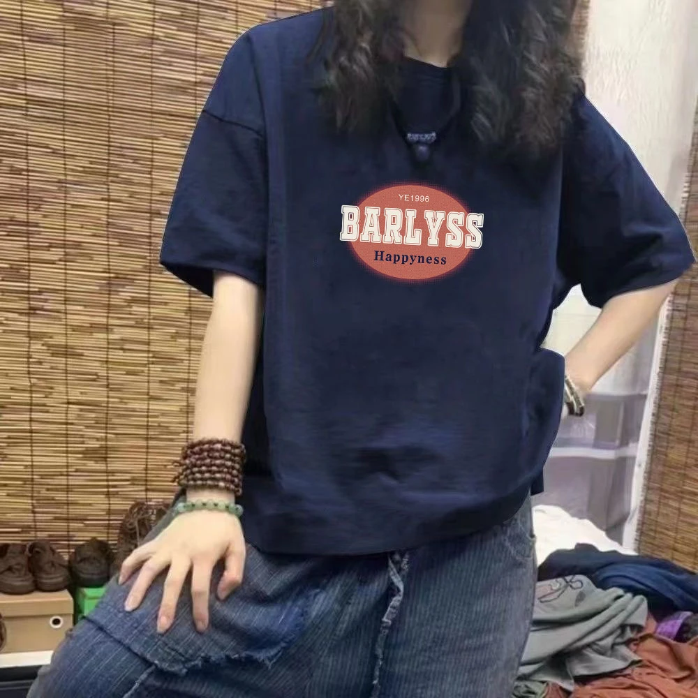 深蓝色ins短袖t恤女宽松2026夏季韩版简约字母中长款大版半袖上衣