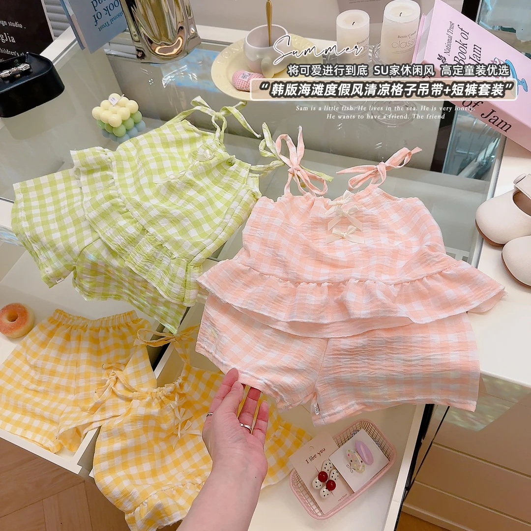夏季女童背心短裤两件套格子蝴蝶结吊带女宝宝短袖套装背心裙裤