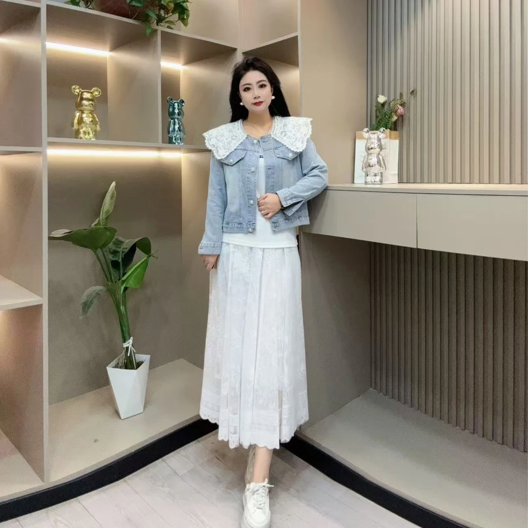 春季牛仔外套-甜 3670印花蕾丝领潮流显瘦百搭款胖MM大码女装新款