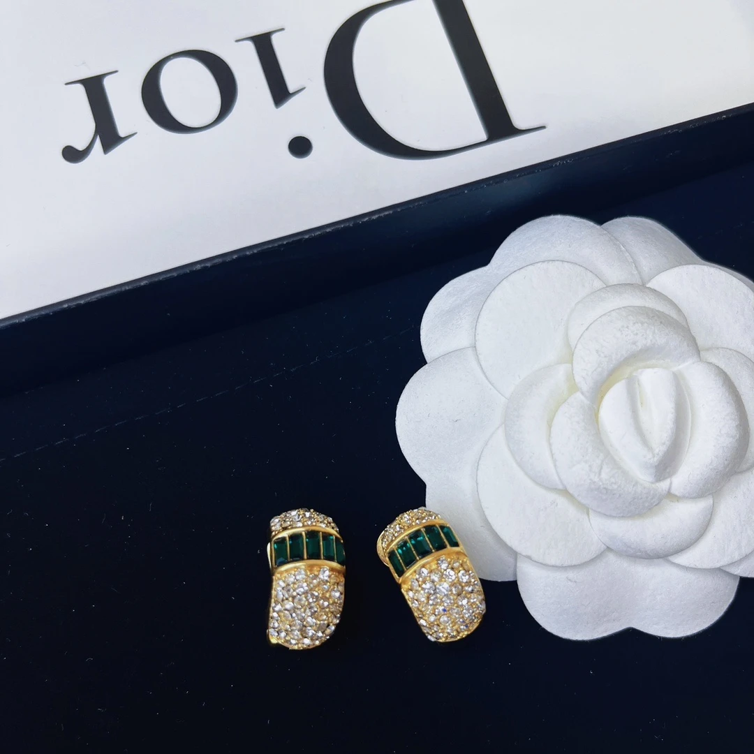 95新 DIOR/迪奥 柚礼中古/迪奥绿色莱茵石满钻耳夹LF504027
