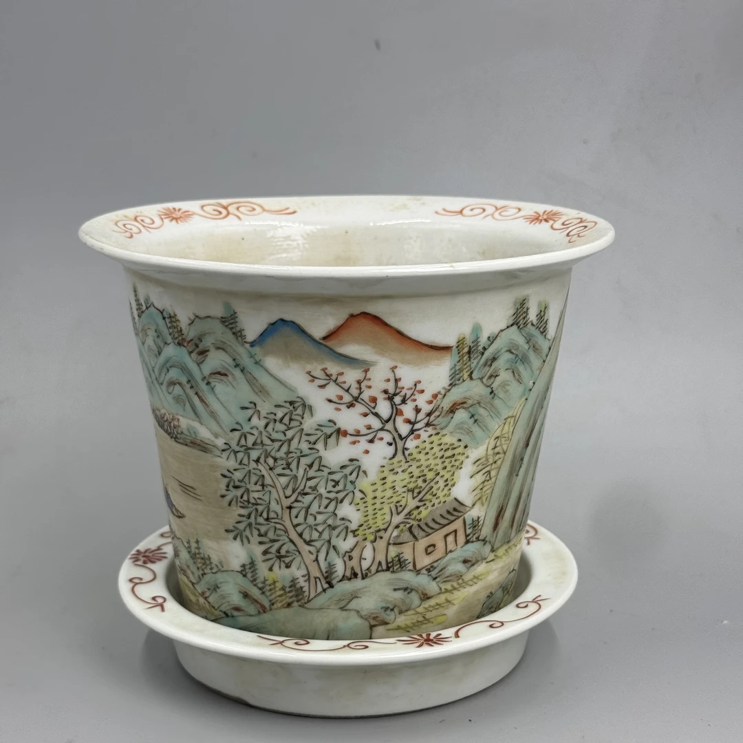 浅绛彩山水纹花盆带托盘（看底私信）