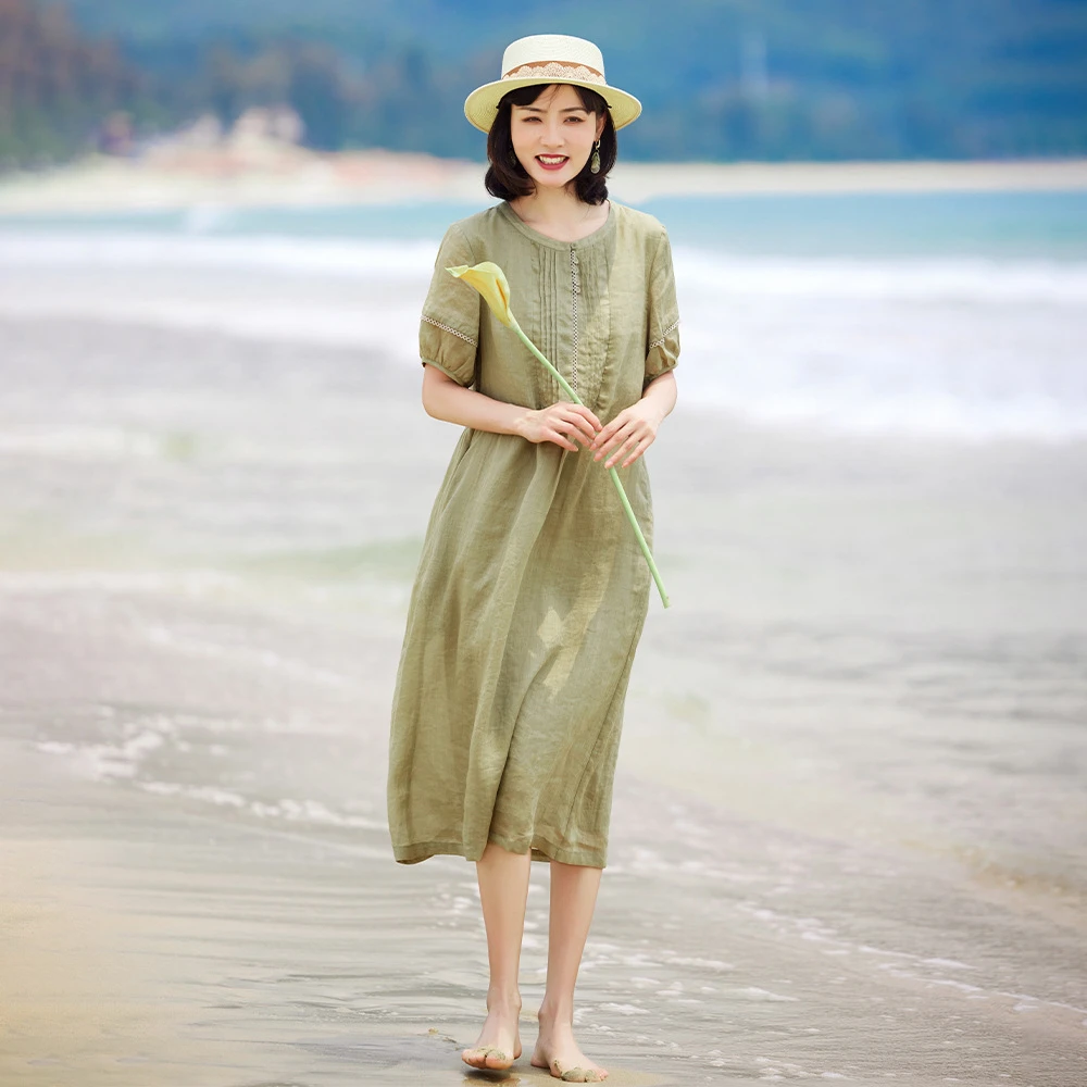 2023夏季新款纯苎麻旅行文艺连衣裙花边灯笼短袖宽松怀旧复古袍子