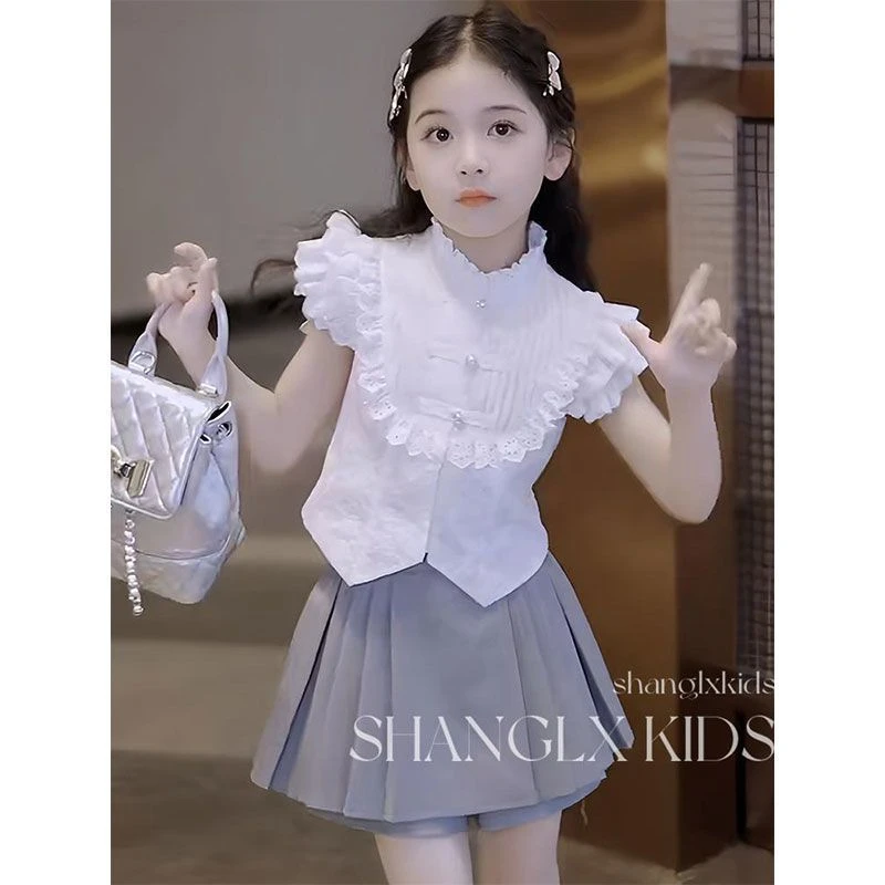 女童无袖套装2025新款洋气儿童夏季学院风短袖衬衫百褶短裙两件套