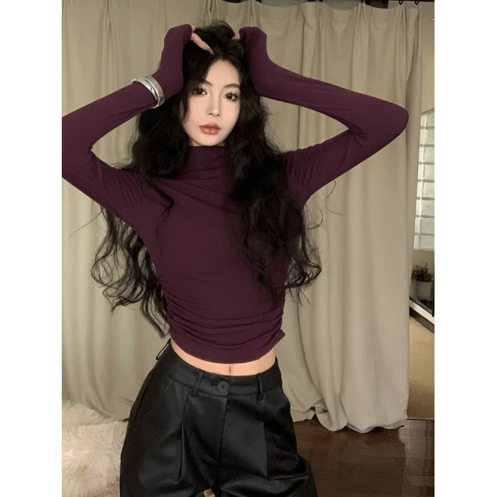紫色紧身高领磨毛褶皱长袖T恤女纯欲风辣妹修身短款打底衫上衣