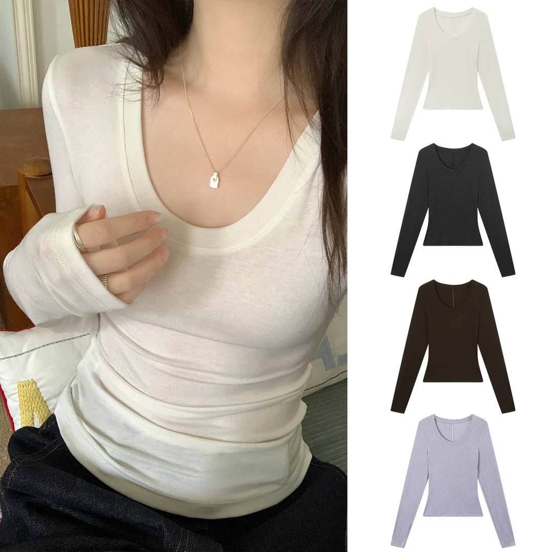 Miss sumeyY3922自制莱赛尔白色u领长袖t恤女打底衫修身显瘦上衣