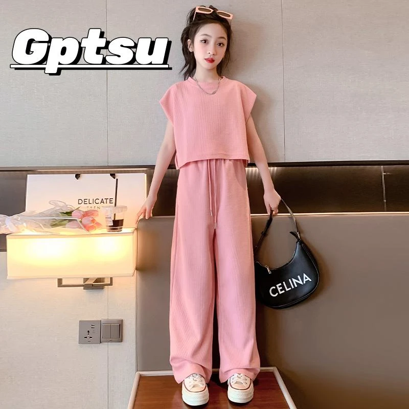 GPTSu女大童阔腿裤子套装2025新款女孩短袖装休闲运动无袖两件套