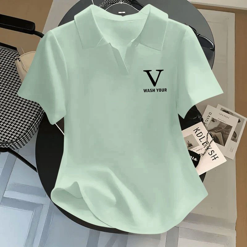 夏季翻领新款大码印花设计感POLO衫女士不规则纯棉短袖抹茶绿上衣