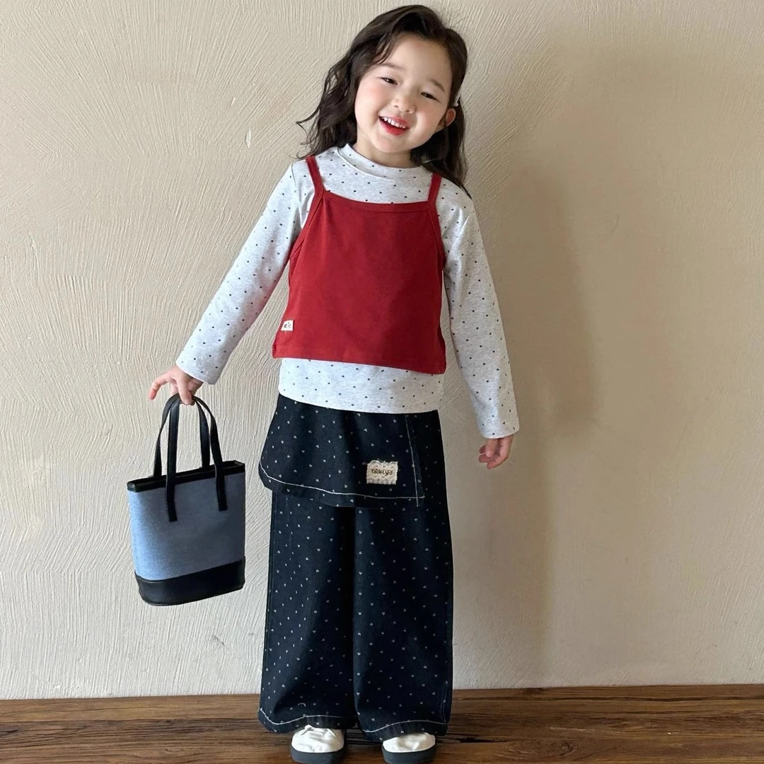 女童吊带背心套装女童韩版圆点打底衫屁帘牛仔裤红背心三件套洋气